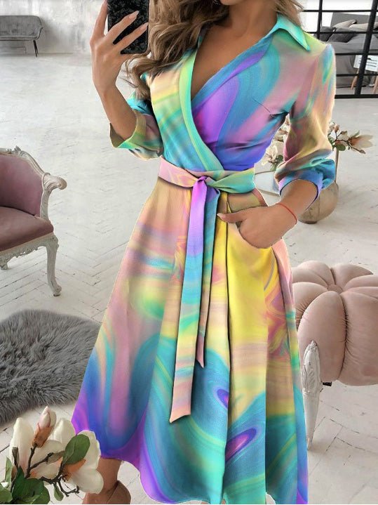 Robe Manches Longues Col en V Imprimé Tie-dye