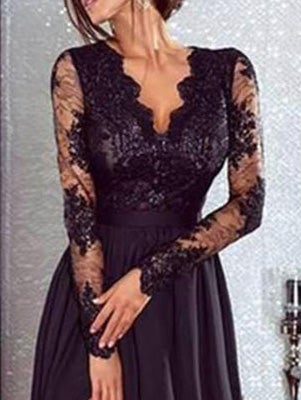 Robe de Soirée Fendue Manches Longues Dentellée Col V