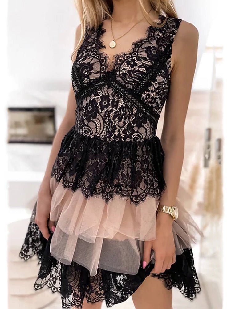 Women's Dresses V-Neck Lace Paneled Mesh Mini Dress