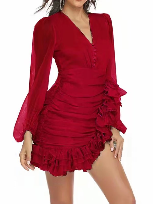 Women's Dresses V-Neck Overlayed Pleated Mini Dress