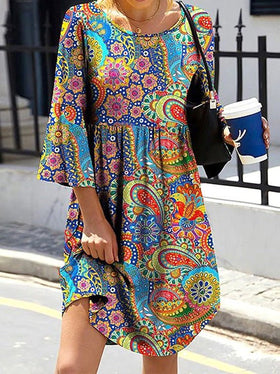 Robe Manches Longues Col Rond Imprimé Vintage
