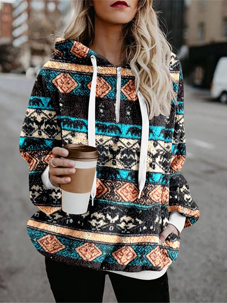 Women's Hoodies Flannel Ethnic Print Long Sleeve Hoodie