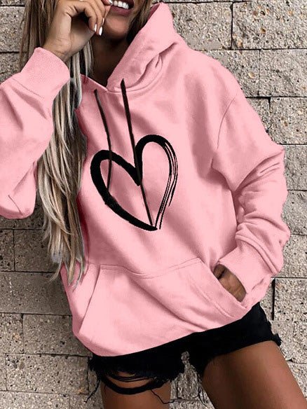 Women's Hoodies Heart Print Pocket Long Sleeve Casual Hoody