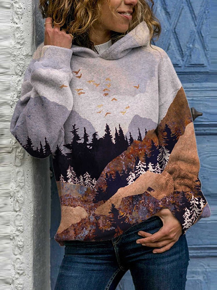 Women's Hoodies Print Landscape Loose Long Sleeve Hoodie