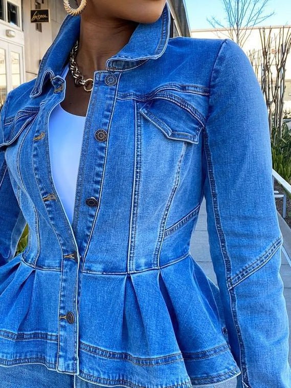 Women's Jackets Button Ruffle Long Sleeve Denim Jacket