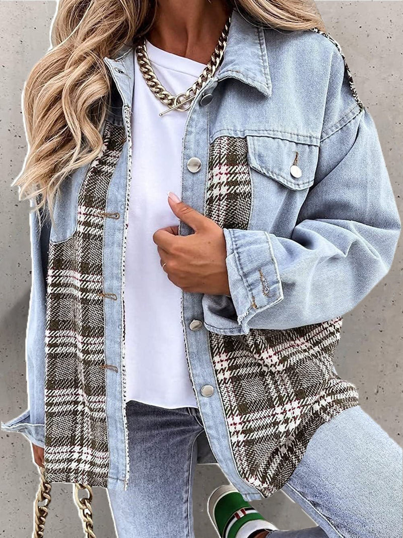 Women's Jackets Check Panel Button Long Sleeve Denim Jacket