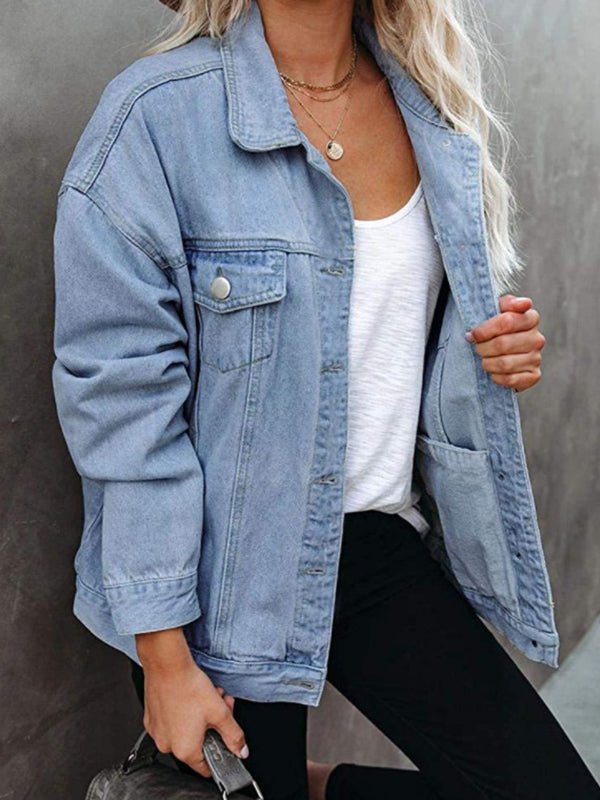 Veste en Denim Uni Boutonnée avec Poche Rabat