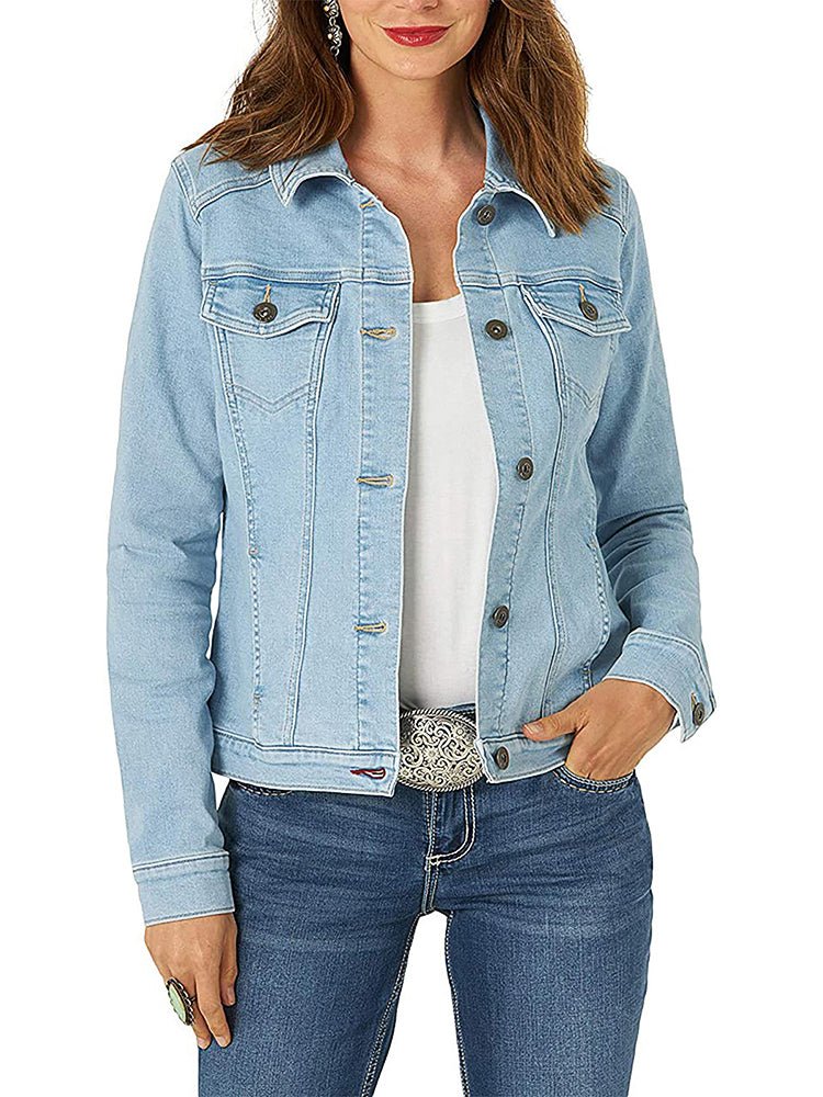 Veste en Jean Boutonnage Simple avec Poche Rabat Unie