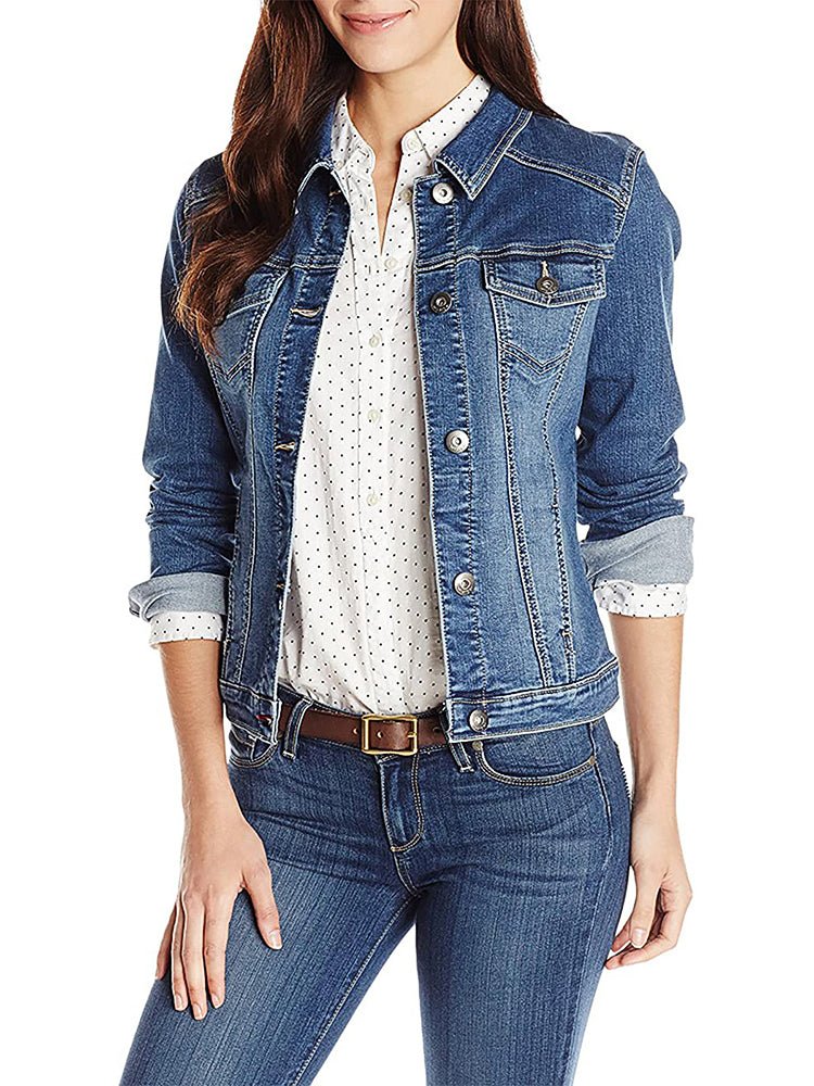 Veste en Jean Boutonnage Simple avec Poche Rabat Unie