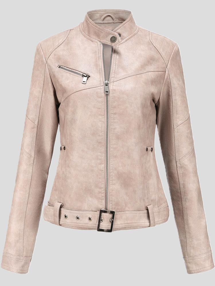 Women's Jackets Stand-Up Collar Slim Belt Leather Jacket