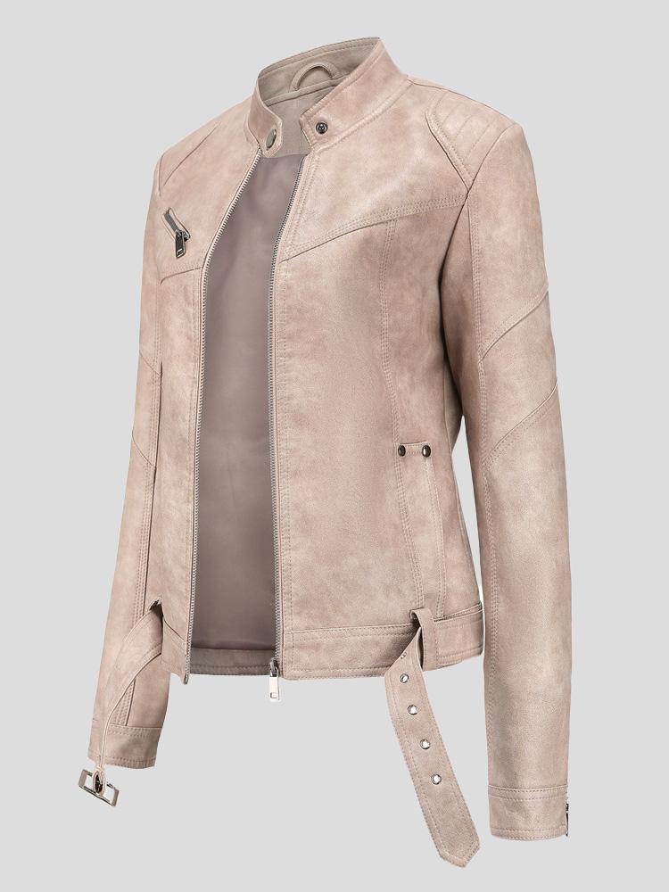 Women's Jackets Stand-Up Collar Slim Belt Leather Jacket