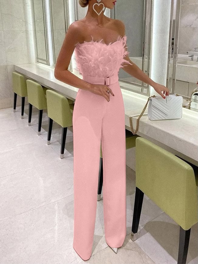 Women's Jumpsuits Feather Bandeau Belt Jumpsuit