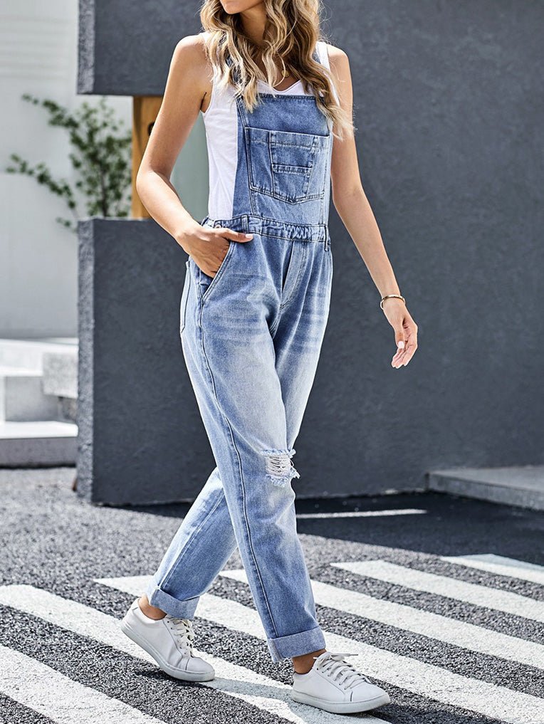 Combinaison en Denim Déchiré avec Poche Ample