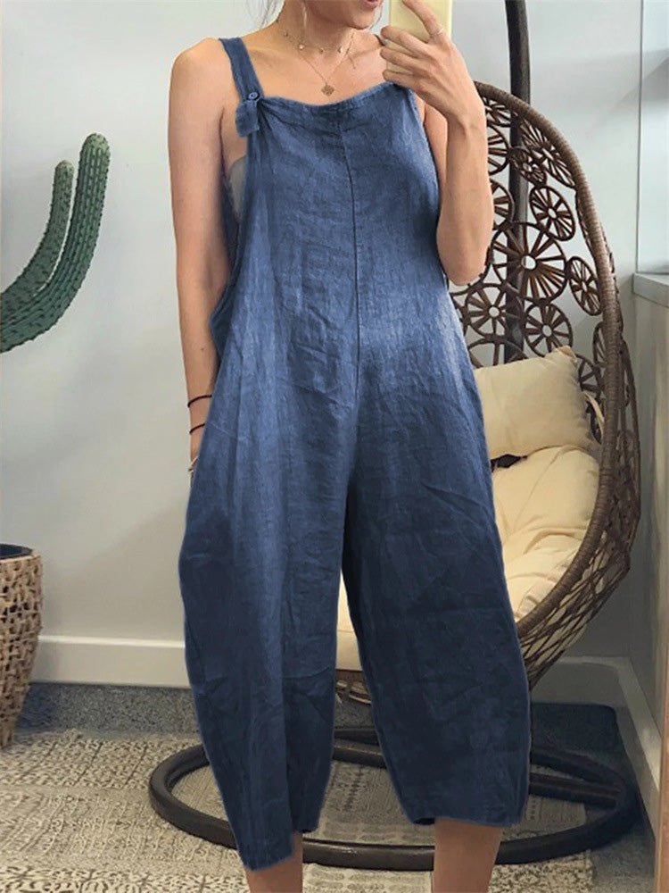 Women's Jumpsuits Loose Solid Cotton Linen Bib Jumpsuit