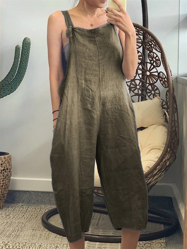 Women's Jumpsuits Loose Solid Cotton Linen Bib Jumpsuit