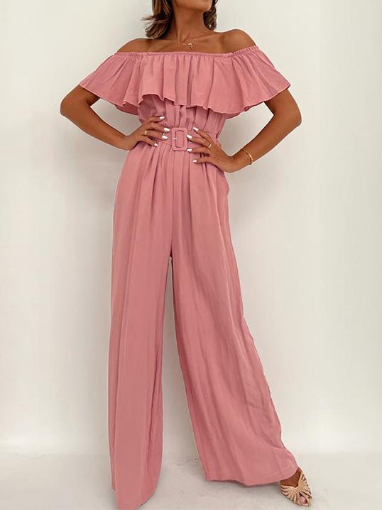 Women's Jumpsuits One-Shoulder Ruffle Belt Wide-Leg Jumpsuit