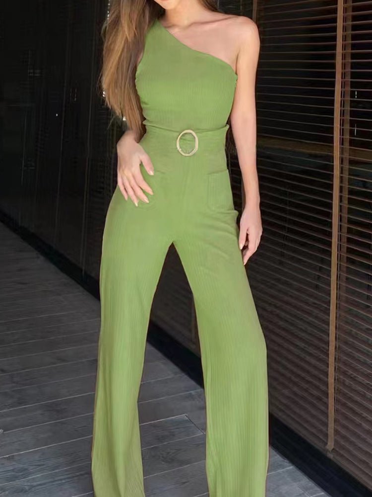 Women's Jumpsuits One Shoulder Strap Belt Wide Leg Pants Jumpsuit