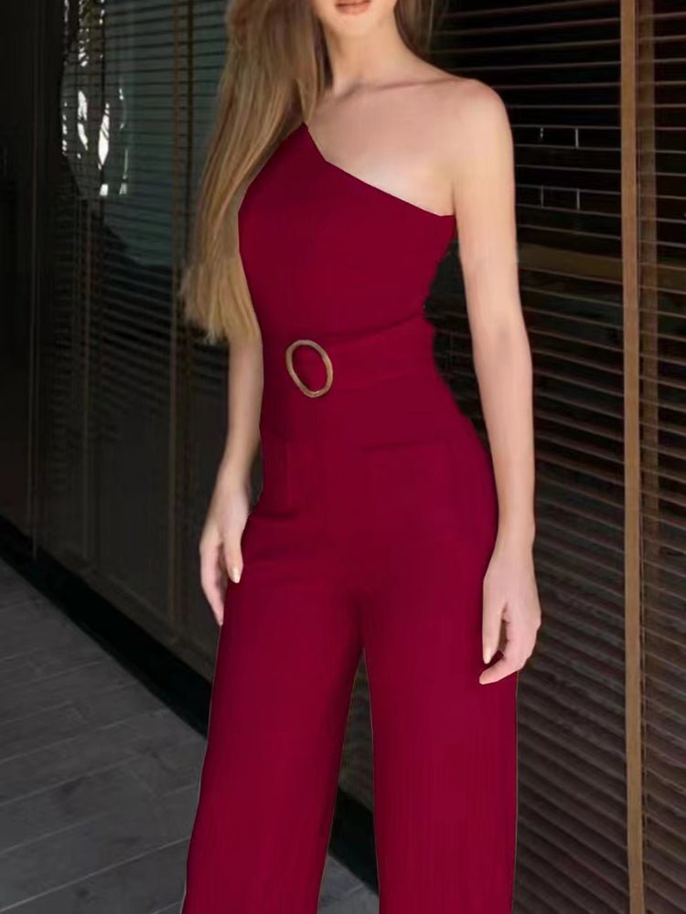 Women's Jumpsuits One Shoulder Strap Belt Wide Leg Pants Jumpsuit