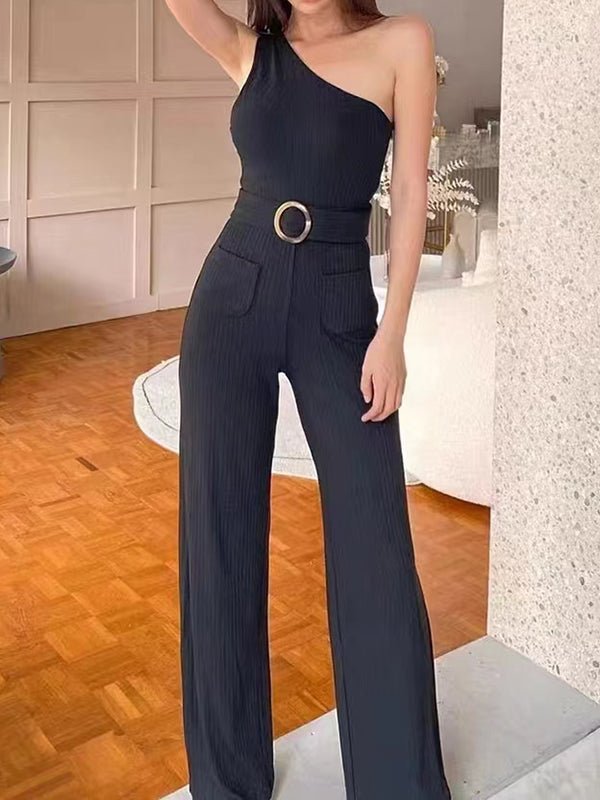 Women's Jumpsuits One Shoulder Strap Belt Wide Leg Pants Jumpsuit