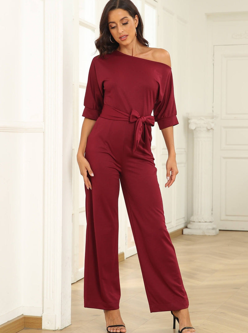 Women's Jumpsuits Sloping Shoulder Pocket Lace Up Jumpsuit