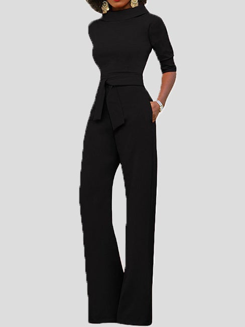 Women's Jumpsuits Solid Five-Point Sleeve Belted Wide-Leg Jumpsuit