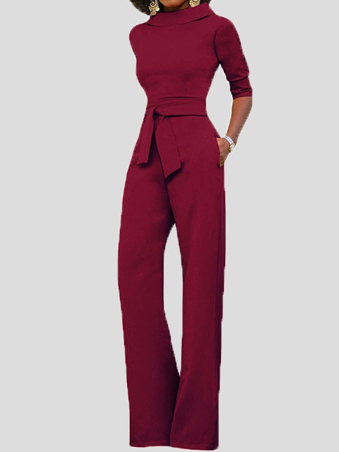 Women's Jumpsuits Solid Five-Point Sleeve Belted Wide-Leg Jumpsuit