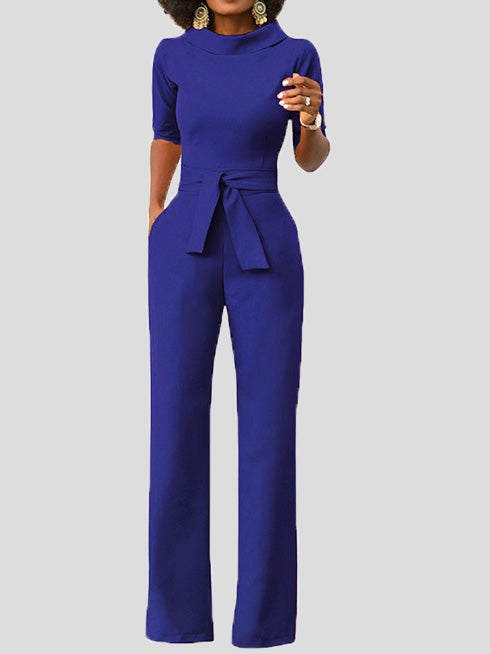 Women's Jumpsuits Solid Five-Point Sleeve Belted Wide-Leg Jumpsuit