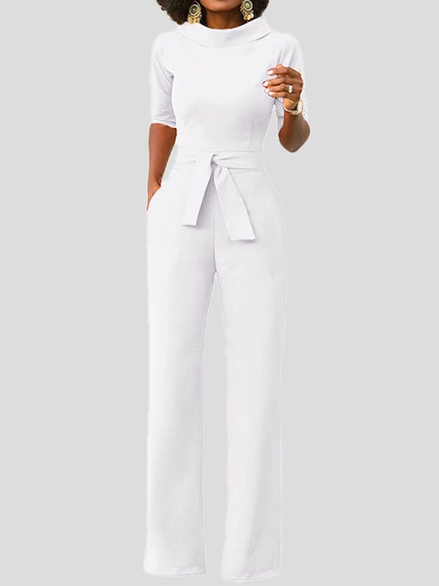 Women's Jumpsuits Solid Five-Point Sleeve Belted Wide-Leg Jumpsuit