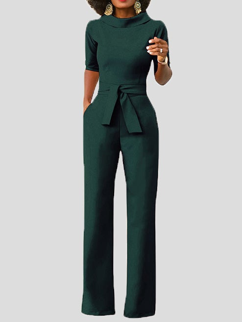 Women's Jumpsuits Solid Five-Point Sleeve Belted Wide-Leg Jumpsuit