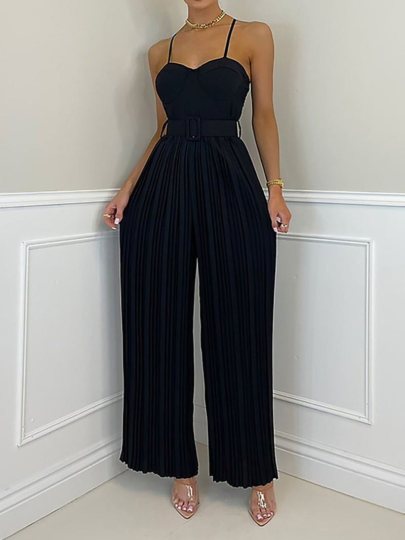 Women's Jumpsuits Solid Sling Belt Pleated Wide-Leg Jumpsuit