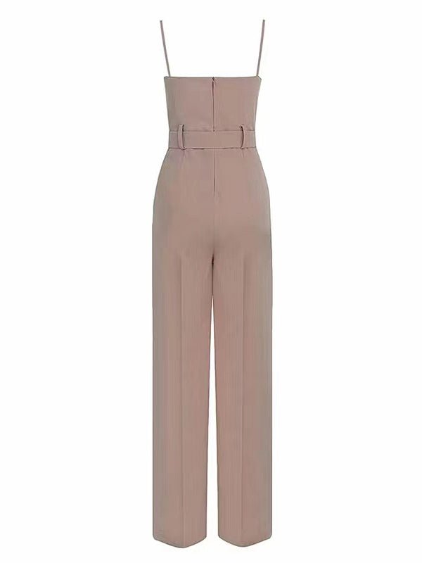 Women's Jumpsuits Strap Notched V Neck Belt Wide Leg Pants Jumpsuit