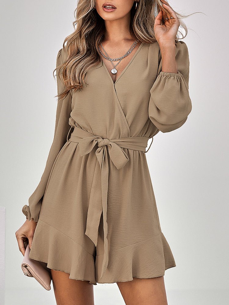 Women's Jumpsuits V-neck Long Sleeve Solid Ruffle Jumpsuit