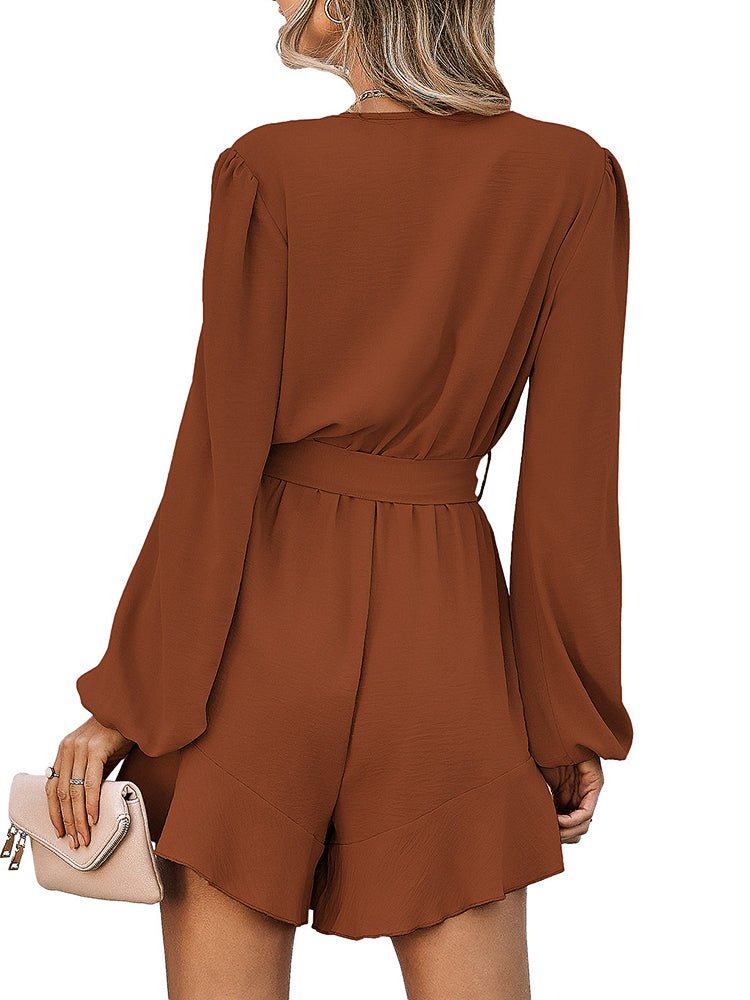 Women's Jumpsuits V-neck Long Sleeve Solid Ruffle Jumpsuit