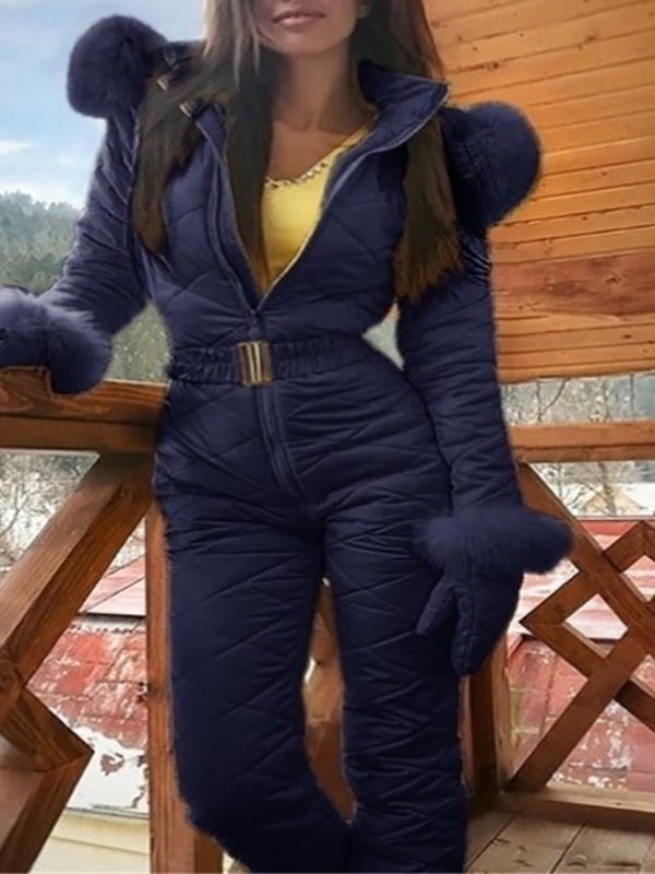 Women's Jumpsuits Zip Elastic Waist Hooded Ski Suit Jumpsuit