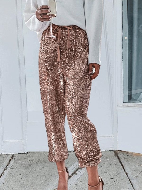 Women's Pants Sequined Drawstring High Waisted Leggings Slacks