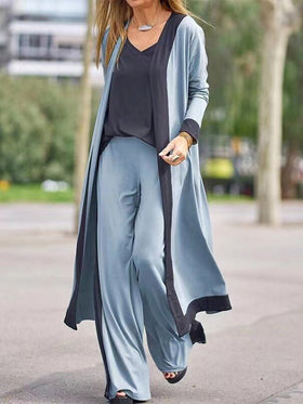 Women's Sets Casual Contrast Color Sleeveless Vest Long Sleeve Cardigan Trousers Three Piece Set