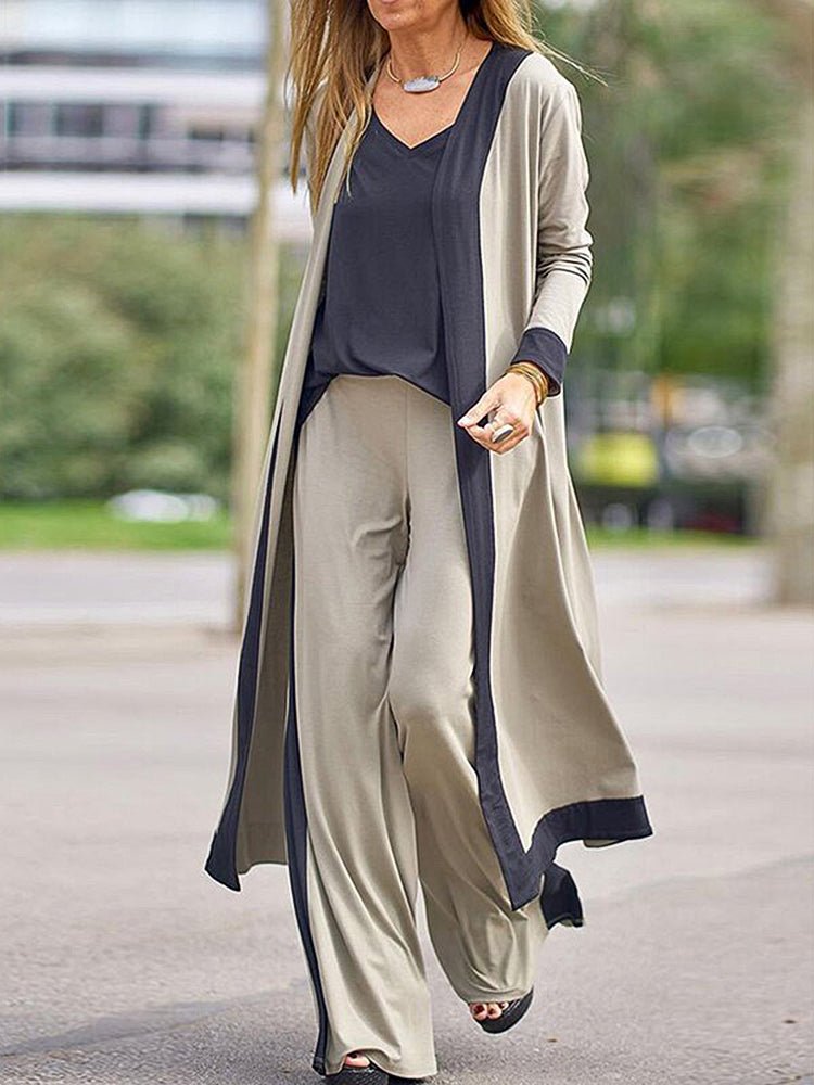 Women's Sets Casual Contrast Color Sleeveless Vest Long Sleeve Cardigan Trousers Three Piece Set