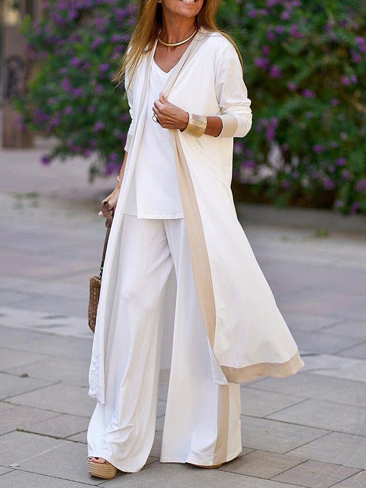 Women's Sets Casual Contrast Color Sleeveless Vest Long Sleeve Cardigan Trousers Three Piece Set