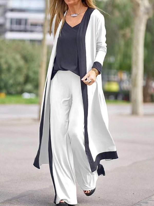 Women's Sets Casual Contrast Color Sleeveless Vest Long Sleeve Cardigan Trousers Three Piece Set