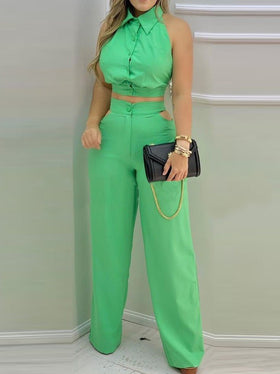 Women's Sets Lapel Backless Top & Wide Leg Pants Two-Piece Set