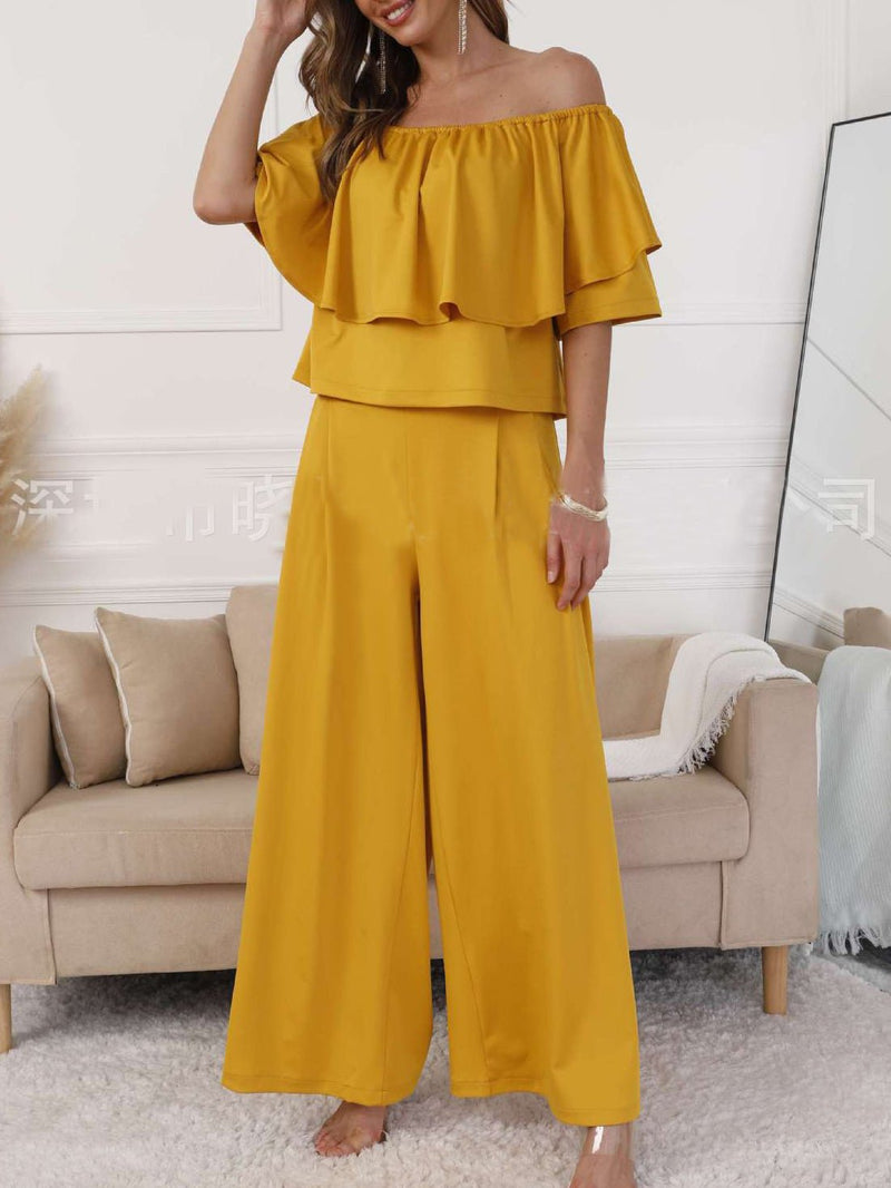 Women's Sets One-Shoulder Ruffle Top & Wide Leg Pants Two Piece Set