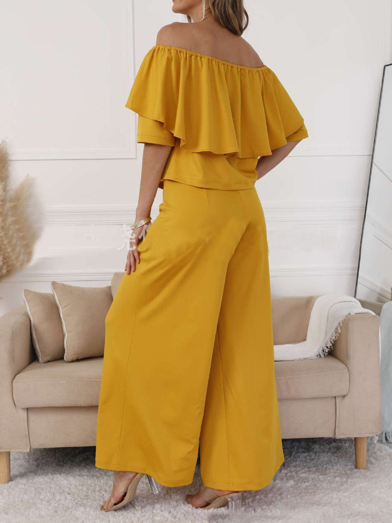 Women's Sets One-Shoulder Ruffle Top & Wide Leg Pants Two Piece Set