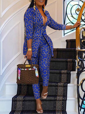 Women's Sets Print Long Sleeve Blazer & Pants Two Piece Set