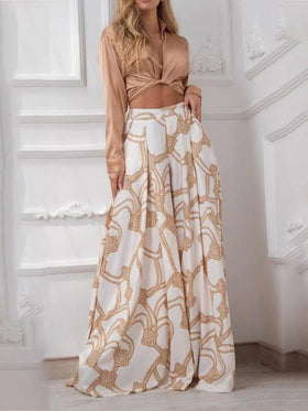 Women's Sets Printed Lace-Up Shirt & Wide Leg Pants Two-Piece Set