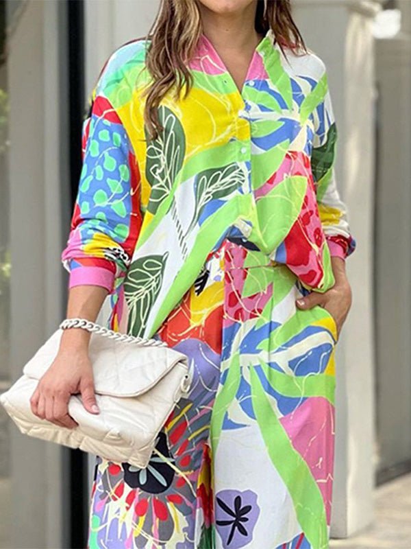 Women's Sets Printed Lapel Shirt & Wide Leg Pants Two-Piece Set