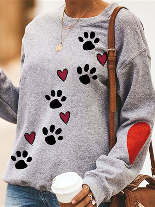 Women's Hoodies Dog Paw Print Round Neck Long Sleeve Hoodie