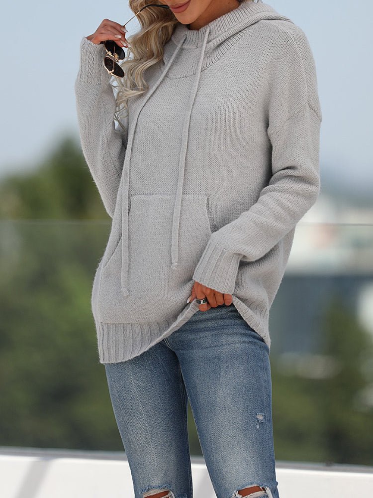 Women's Sweaters Solid Pocket Knit Hooded Sweater