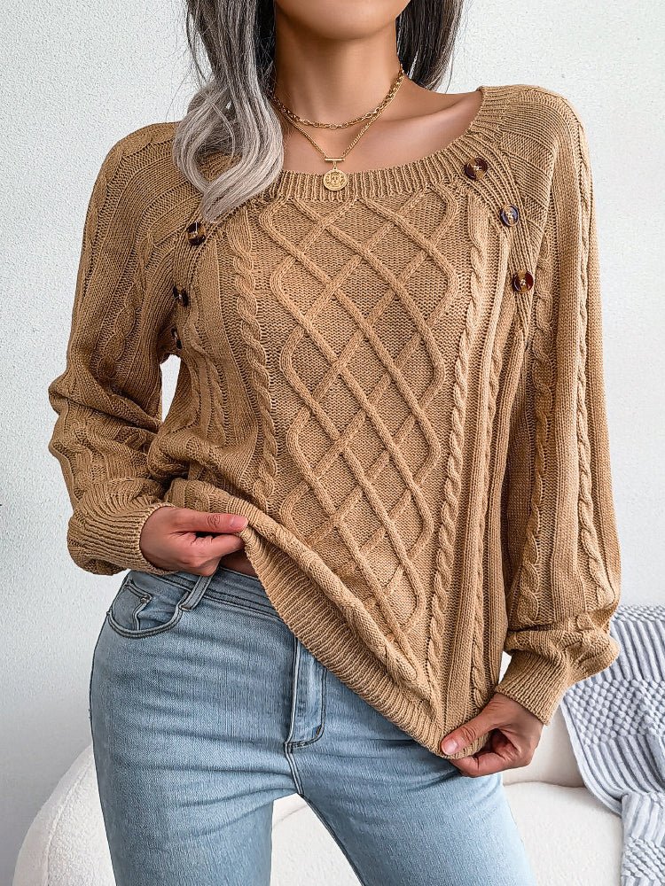 Woman's Sweaters Square-Neck Button Down Twist Knit Pullover Sweater