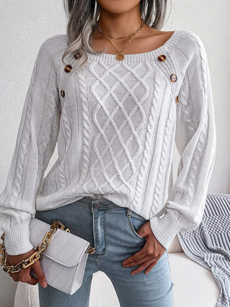 Woman's Sweaters Square-Neck Button Down Twist Knit Pullover Sweater