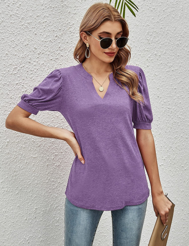 Women's T-Shirts Casual V-Neck Loose Puff Sleeve T-Shirt